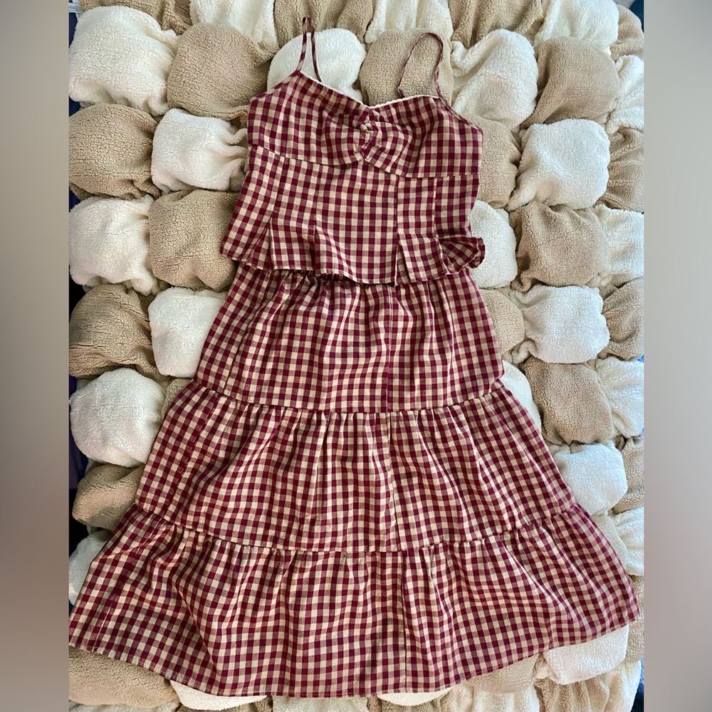 Gingham Cami and Midi Skirt Set- Red and White